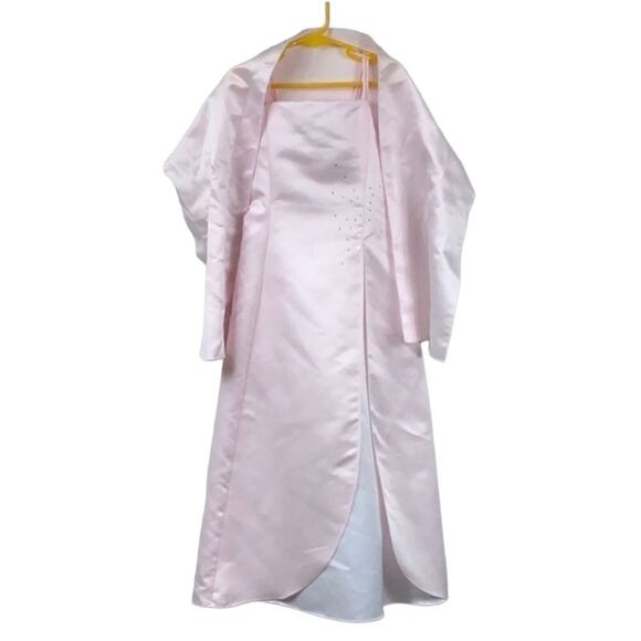 Pink Satin Formal Flower Girl Dress Rhinestone Lace Up Party 2pc Shawl Wedding - Picture 1 of 11